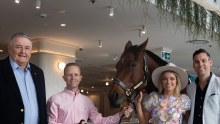 Left to right: Arthur Laundy, owner of Laundy Hotels, Melbourne Cup winning jockey Kerrin McEvoy, Sky Racing presenter Kiersten Duke, TAB’s Brenden Varcoe 