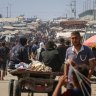 Displaced Palestinians at a temporary camp in Rafah on Saturday.