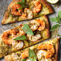 Manoush-style pizzas with prawns and chilli.