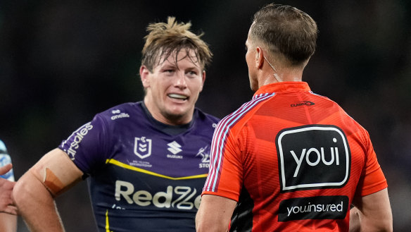 Referee Grant Atkins sends Harry Grant to the sin bin.