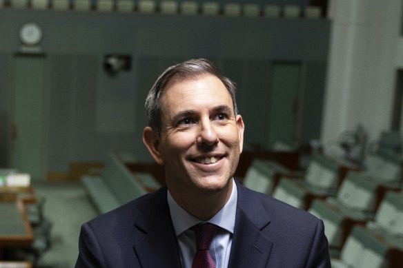 Treasurer Dr Jim Chalmers poses for portraits with photographers in-between television interviews, ahead of the Budget, at Parliament House in Canberra on Sunday 12 May 2024