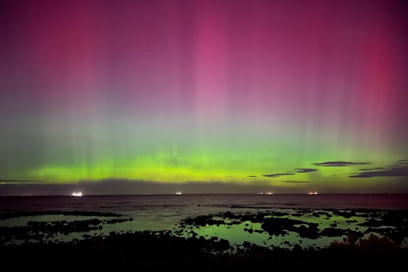 The aurora australis (southern lights) over Williamstown, Melbourne on Saturday.