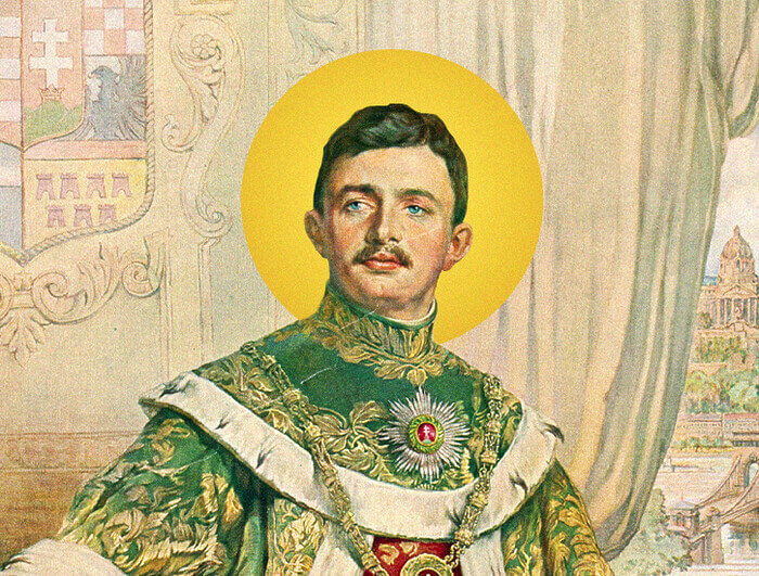 A portrait of Karl I of Austria with a halo behind his head.