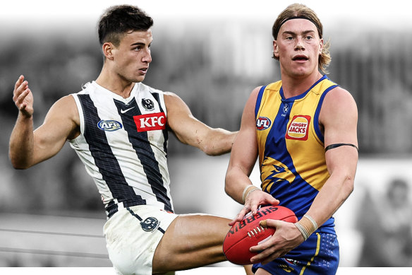 Young guns: Collingwood’s Nick Daicos and West Coast’s Harley Reid.