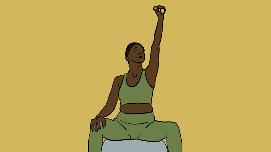 Illustration of person in activewear sitting on an exercise ball and holding one hand high into the air, holding dumbbell.