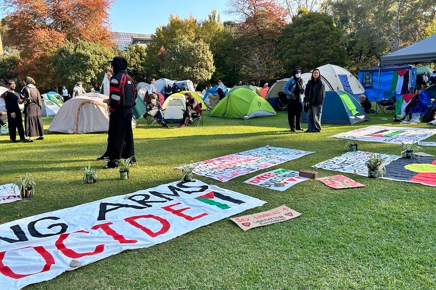 墨尔本大学校园内支持巴勒斯坦的营地。