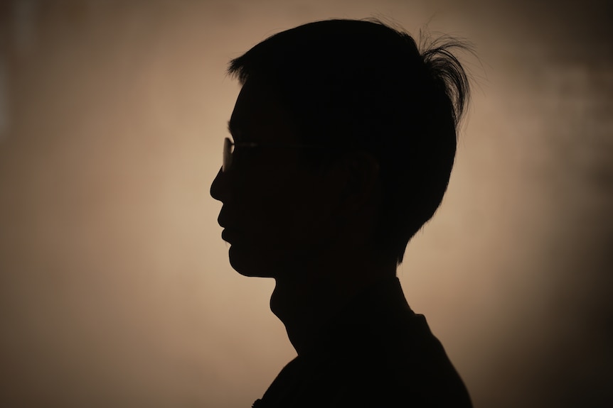 A brown and black silhouette of a man's face from the side 