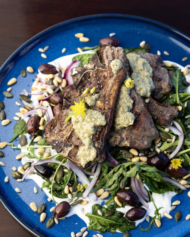 LAMB CHOP SALAD WITH GOATS CHEESE SAUCE AND GREEN SAUCE
