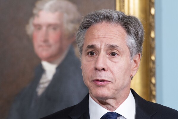 Secretary of State Antony Blinken speaks during at a Memorandum of Understanding Signing Ceremony with Spanish Foreign Minister José Manuel Albares on Friday, May 10, 2024, in Washington. (AP Photo/Kevin Wolf)