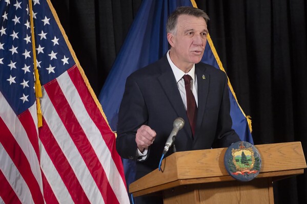 FILE - Vermont Gov. Phil Scott delivers his State of the State address remotely from the Pavilion office building, Jan. 5, 2022, in Montpelier, Vt. Gov. Scott announced Saturday, May 11, 2024 that he's running for reelection to a fifth two-year term. (Glenn Russell/VTDigger via AP, Pool, File)