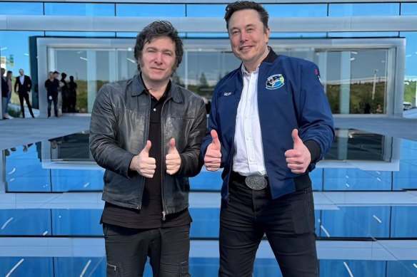 Argentinian President Xavier Milei with Tesla boss Elon Musk at Tesla’s gigafactory in Texas in April.