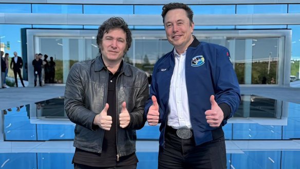 Argentinian President Xavier Milei with Tesla boss Elon Musk at Tesla’s gigafactory in Texas in April.