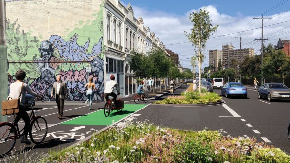 An artists render of the protected bike lane on Inkerman Street. 