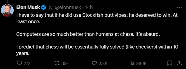 r/chess - Musk thinks Chess will be solved in 10 years lol