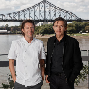 Jason Barratt and Andrew McConnell on the terrace at the forthcoming Bar Miette.