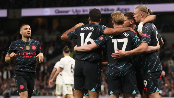 City celebrate Haaland’s second goal.