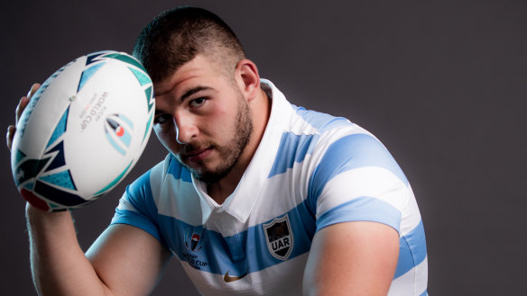 Enrique Pieretto posing in his Argentinian kit at the 2019 Rugby World Cup.