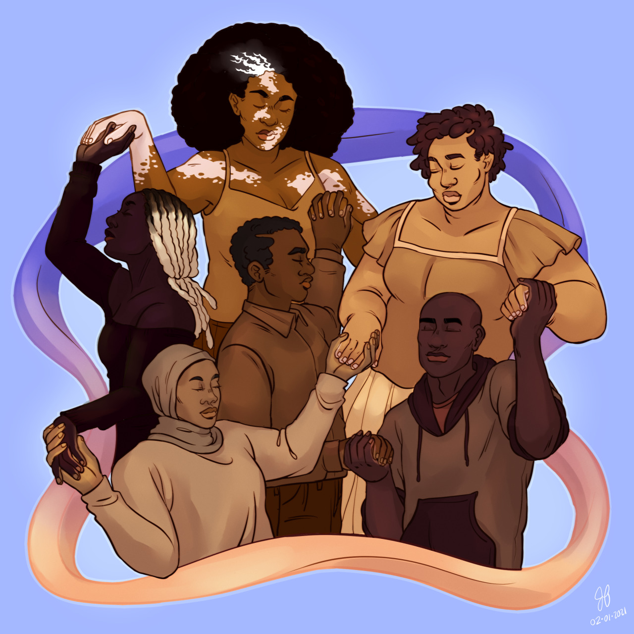 everlastingrandom:
“[ID: Digital art of six Black people of varying body types, hairstyles, outfits, and skin tones. They are gathered together and holding hands in a manner that crosses around them and between them. They all share close-eyed, serene...
