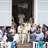 David Warner and Usman Khawaja lead the Australians onto the field after lunch on day five of the Lord’s Test.