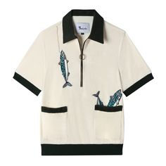 Front view of our Angler Cabana Shirt in cream with forest green on the collar, pockets, and bottom waistband, embroidered with a fish and a hook on the top left and two fish coming out of the bottom right pocket as well as featuring an antique brass half zip Polo, Vintage, Terry, Angler, Kleding, Cabana, Giyim, Terry Cloth, Kaos