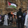 Students and supporters attend a rally protesting Israel’s war in Gaza at an encampment at the University of Sydney earlier this month.