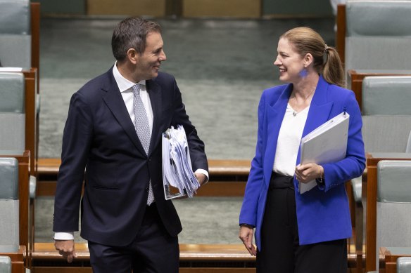 Treasurer Jim Chalmers and Minister for Housing and Homelessness Julie Collins arrive for question time at Parliament House in Canberra.