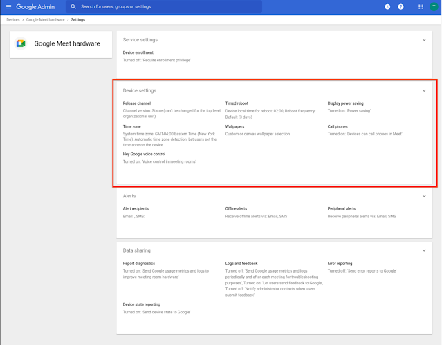 Alt text - Admin console screen showing new device settings section