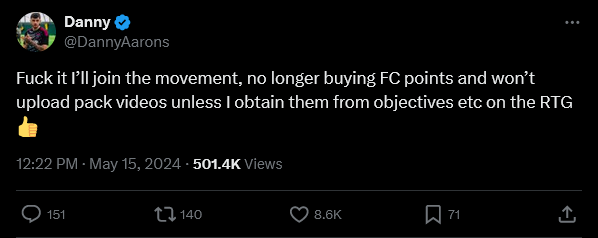 r/EASportsFC - Danny Aarons (one of the biggest FIFA Twitch streamers) announcing that he will join the movement and stop buying FC points.