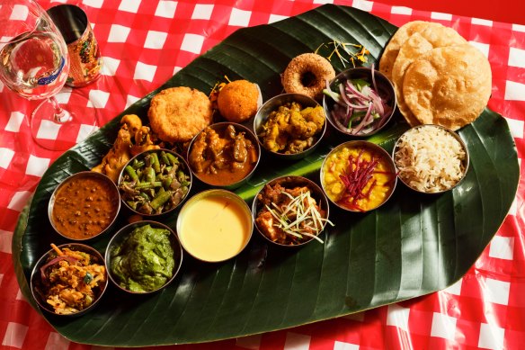 The banana leaf thali is an easy way to taste more of the menu.