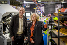 RM Williams CEO Paul Grosmann with Tattarang director Nicola Forrest at the Salisbury factory 