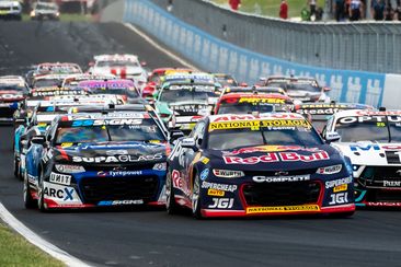 The start of the Supercars race at Mount Panorama.