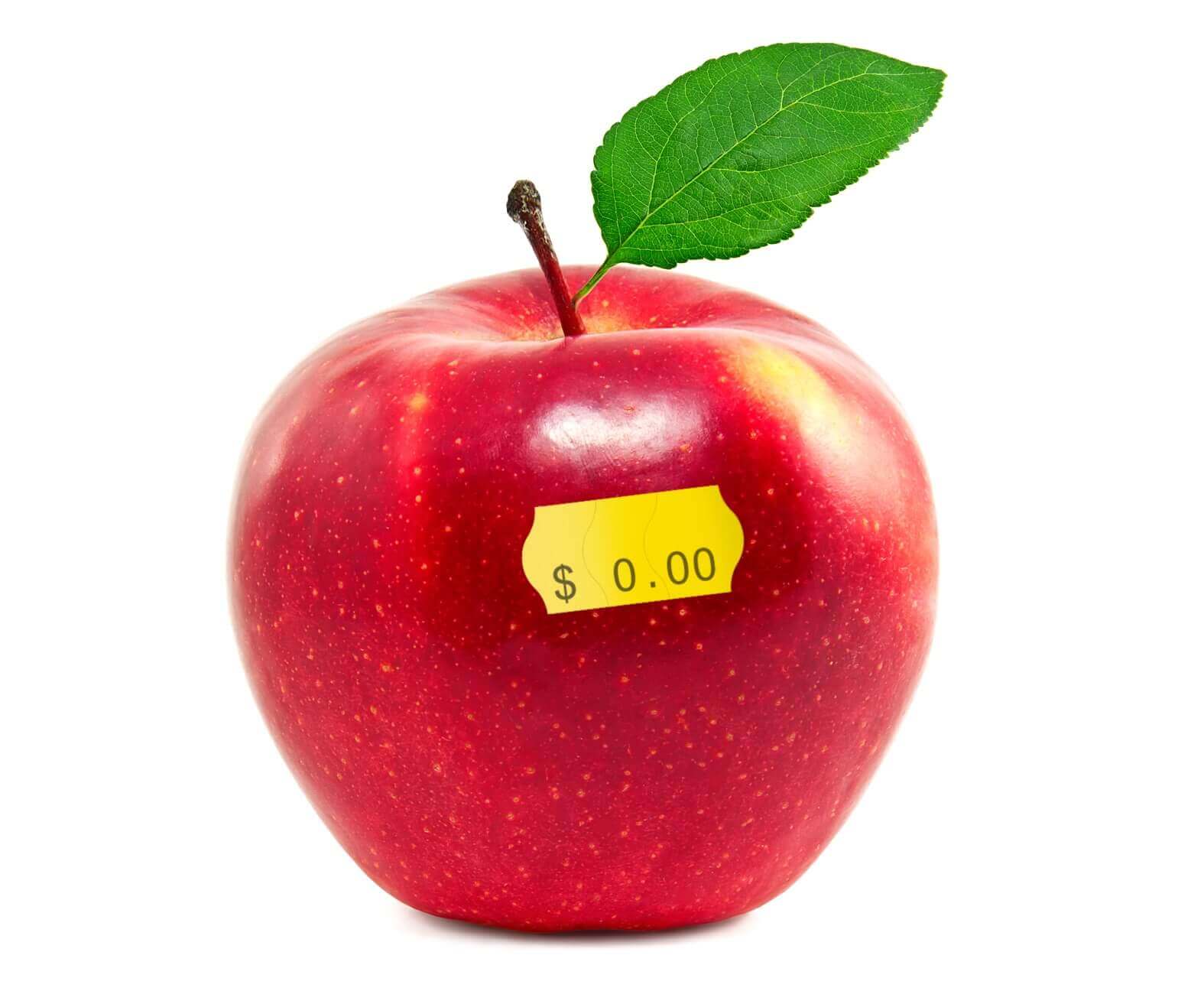 A photo of an apple with a yellow price tag that reads “$0.00” sits against a white background.