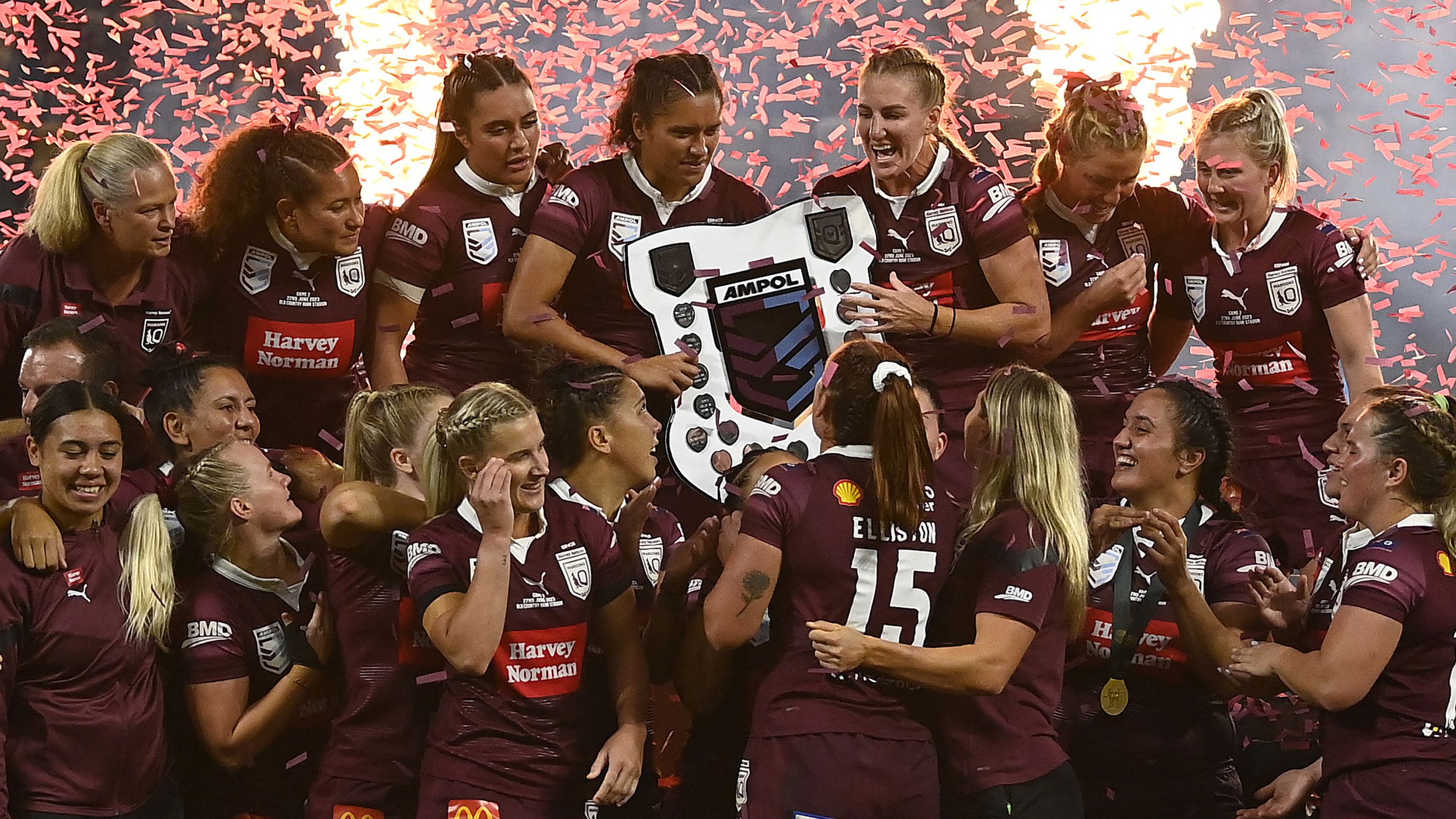 TOWNSVILLE, AUSTRALIA - JUNE 22: Queensland celebrates after winning the series during game two of the women&#x27;s state of origin series between New South Wales Skyblues and Queensland Maroons at Queensland Country Bank Stadium on June 22, 2023 in Townsville, Australia. (Photo by Ian Hitchcock/Getty Images)