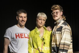 Guests at the Alix Higgins show at Australian Fashion Week, Sam Passmore, Annaliese Griffith-Jones and Russell Phillip.