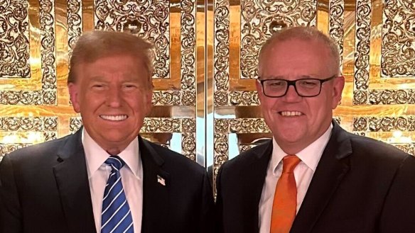 Shame about the “pile-on”: Donald Trump with Scott Morrison at the former president’s penthouse apartment in Trump Tower.