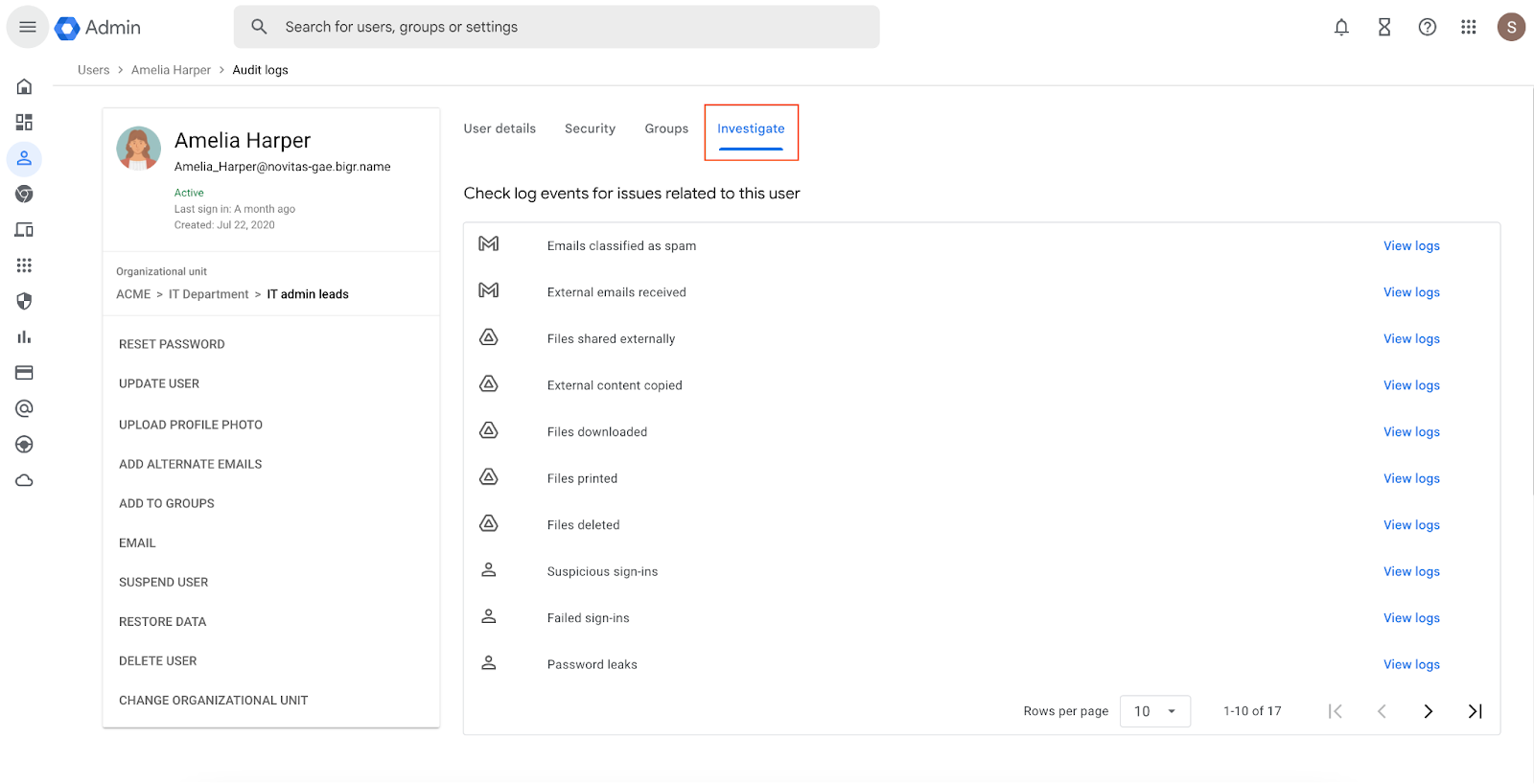 Solução de problemas dos usuários simplificada no Admin Console