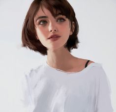 a painting of a woman with short brown hair wearing a white shirt and black pants