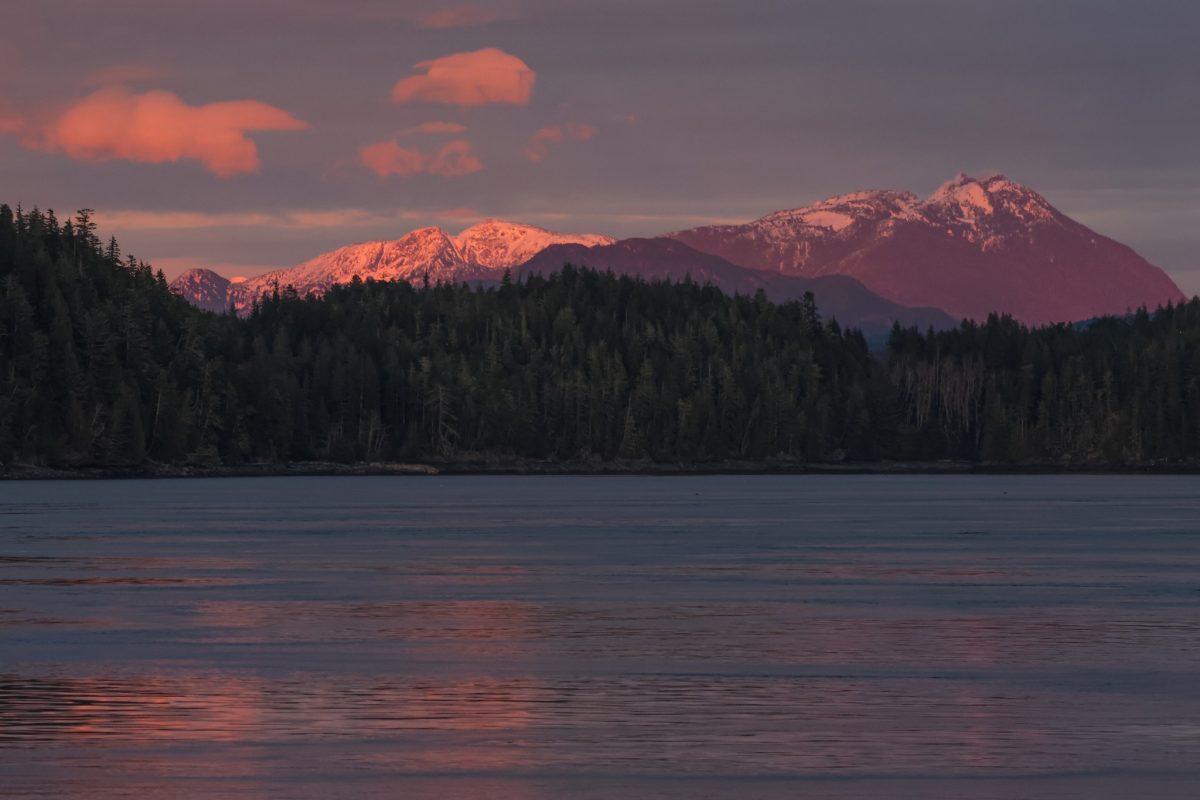 pink mountains glow over a dark ocean