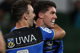 PERTH, AUSTRALIA - MAY 18: Ben Donaldson of the Force celebrates crossing for a try during the round 13 Super Rugby Pacific match between Western Force and NSW Waratahs at HBF Park, on May 18, 2024, in Perth, Australia. (Photo by Paul Kane/Getty Images)