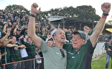 Randwick&#x27;s Stephen Hoiles and Mark Harrison celebrate winning the 2023 Shute Shield.