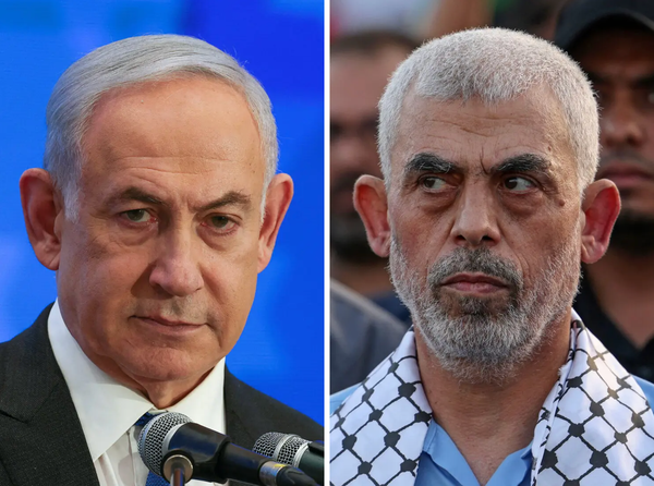 Headshots of two men. Prime Minister Benjamin Netanyahu of Israel is on the left and Yahya Sinwar is on the right.