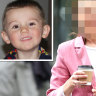 The foster mother of William Tyrrell (who cannot be identified) outside court and, inset, William.