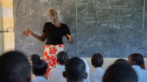 Nydadol Nyuon addressing students at  Kakuma Secondary School in Kenya.