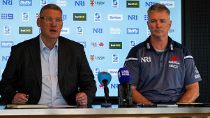 NSW Rugby boss Paul Doorn and outgoing Waratahs coach Darren Coleman. 