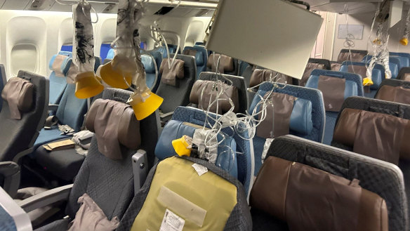 The interior of Singapore Airline flight SQ321 after the emergency landing at Bangkok’s Suvarnabhumi International Airport.