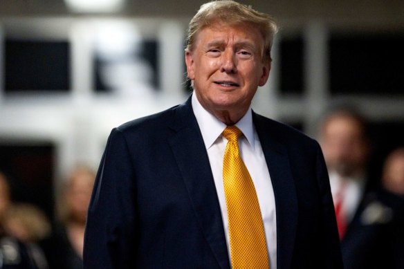 Donald Trump speaks to members of the media at Manhattan criminal court in New York.