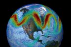 A visualisation of the very wavy northern hemisphere jet stream.