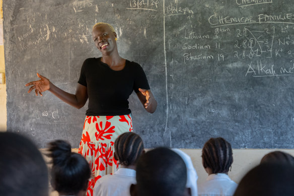 Nydadol Nyuon addressing students at  Kakuma Secondary School in Kenya.