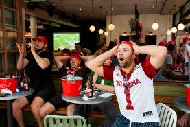 Superbowl fans watching the match in Double Bay, Sydney in February 2024