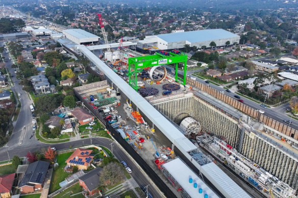 The launch pit in Watsonia. Pictured is of the tunnel-boring machines. Rising to its left is the conveyor belt that will take spoil out of the tunnel to the giant shed in the background.